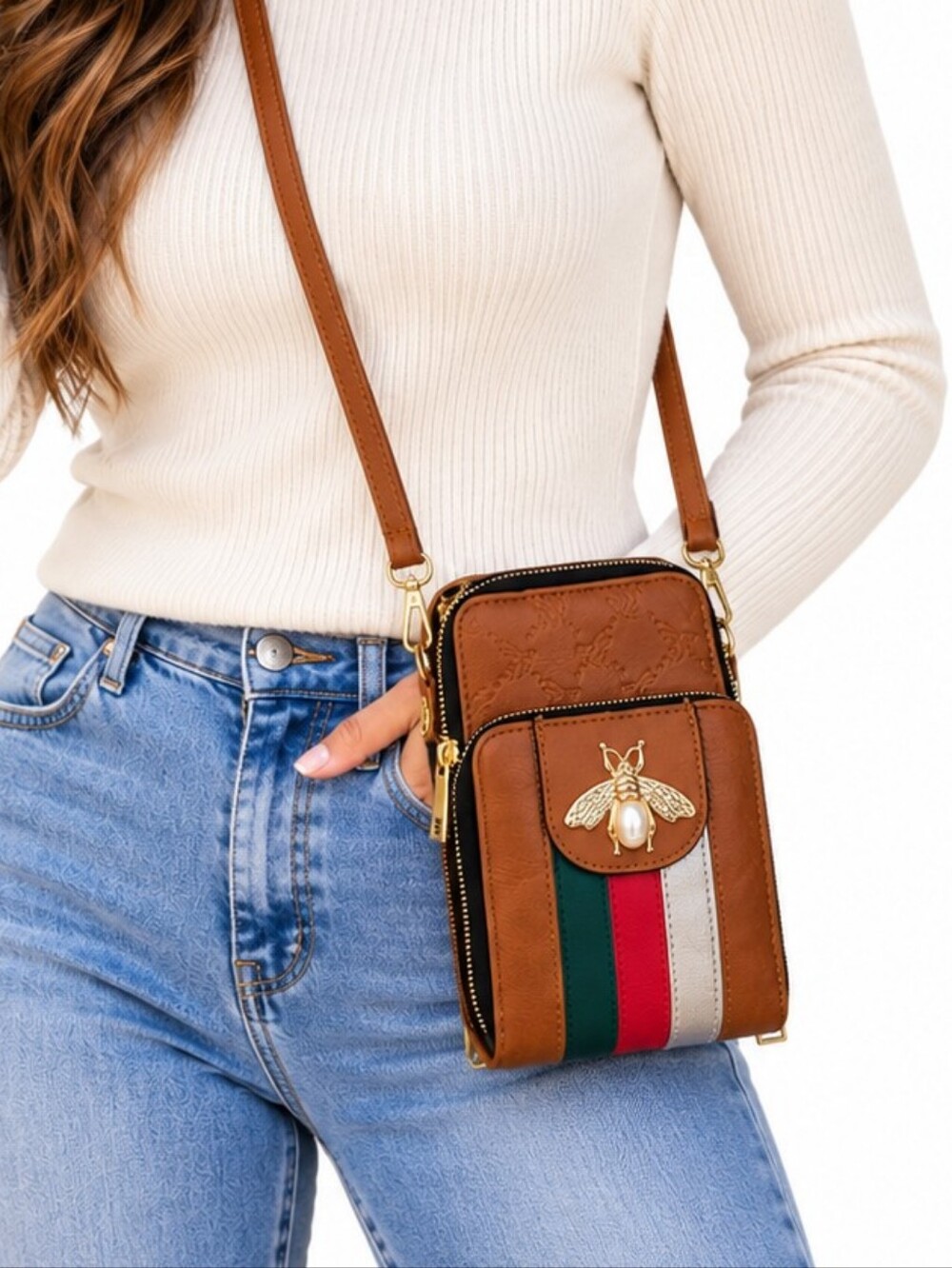 Queen Bee Vegan Leather Crossbody Phone Bag Wallet Brown Stripe Bee New